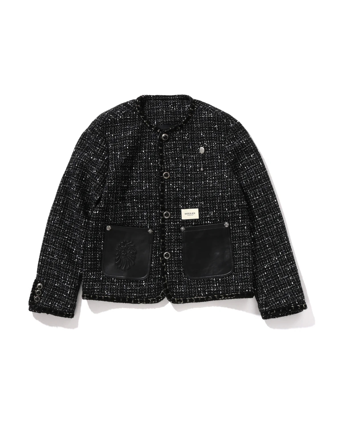 BAPE BLACK Collarless Ornament Tweed Coat